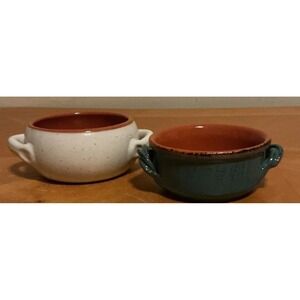 Set Of 2 De Silva Terracotta Soup Bowls With Handle, White And Blue, Italy
